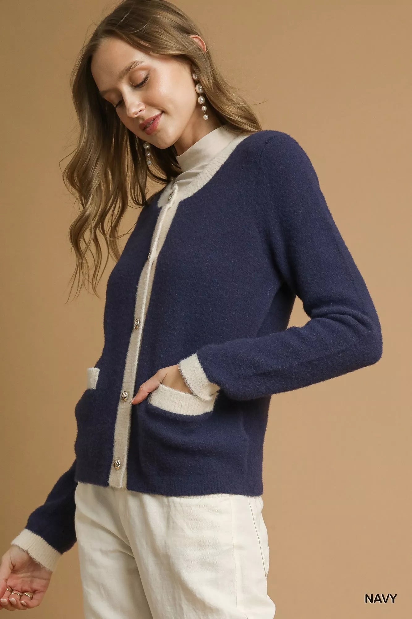 Umgee Navy Two-Tone Button Front Cardigan