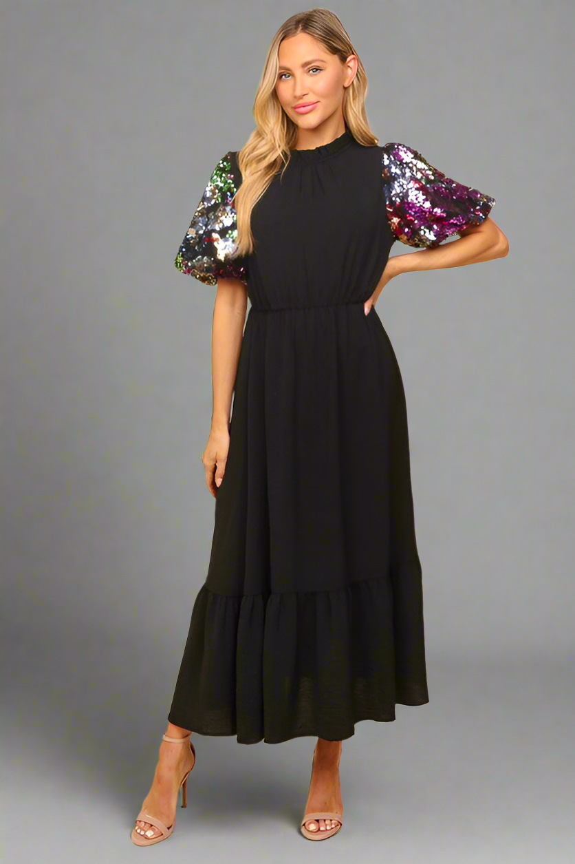 Haptics Black Floral Sequin Puff Sleeve Mock Neck Tiered Maxi Dress Small Dresses