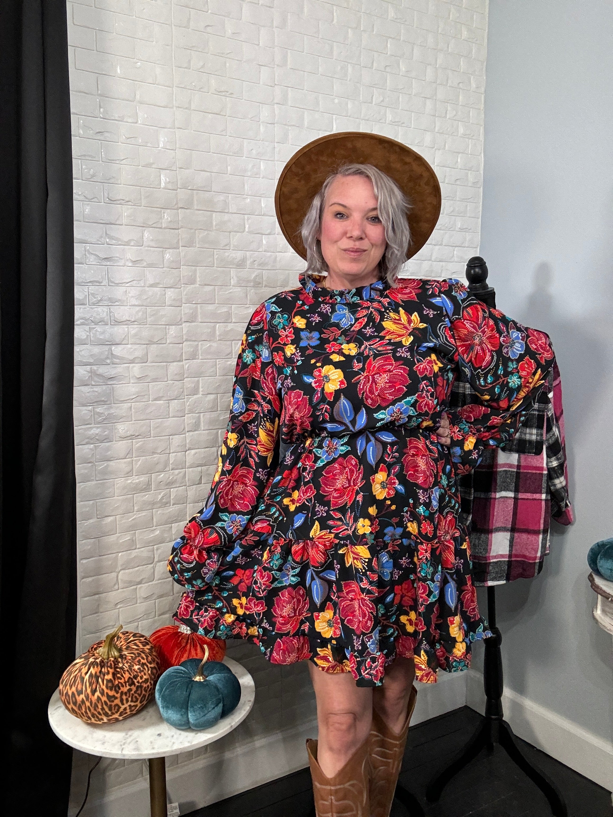 Haptics Lock Eyes Black Floral Sequin Print Ruffle Sleeve Frill Mock Neck Dress Dresses