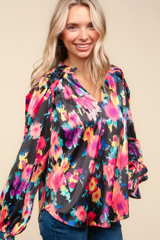 Haptics Bubble Long Sleeve Floral Blouse