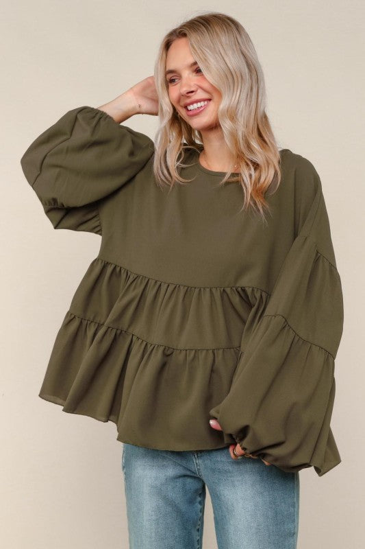 Haptics Olive Babydoll Oversized Tired Blouse