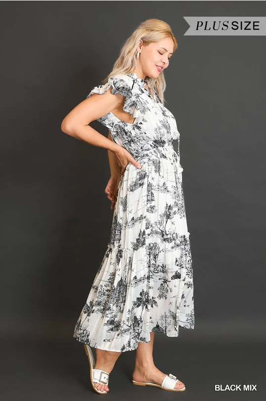 Umgee Black Two Tone Landscape Print Midi Dress with Metallic Threads