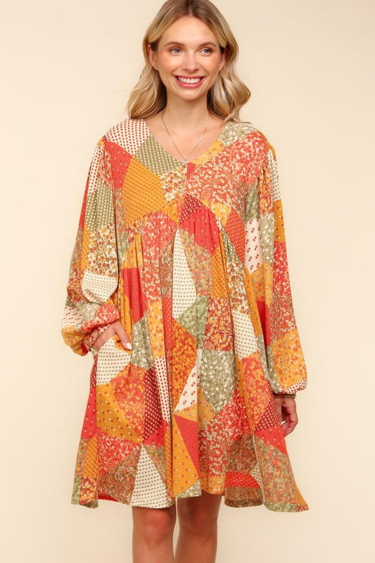 Haptics Fall Waffle Textured Patchwork Babydoll Dress