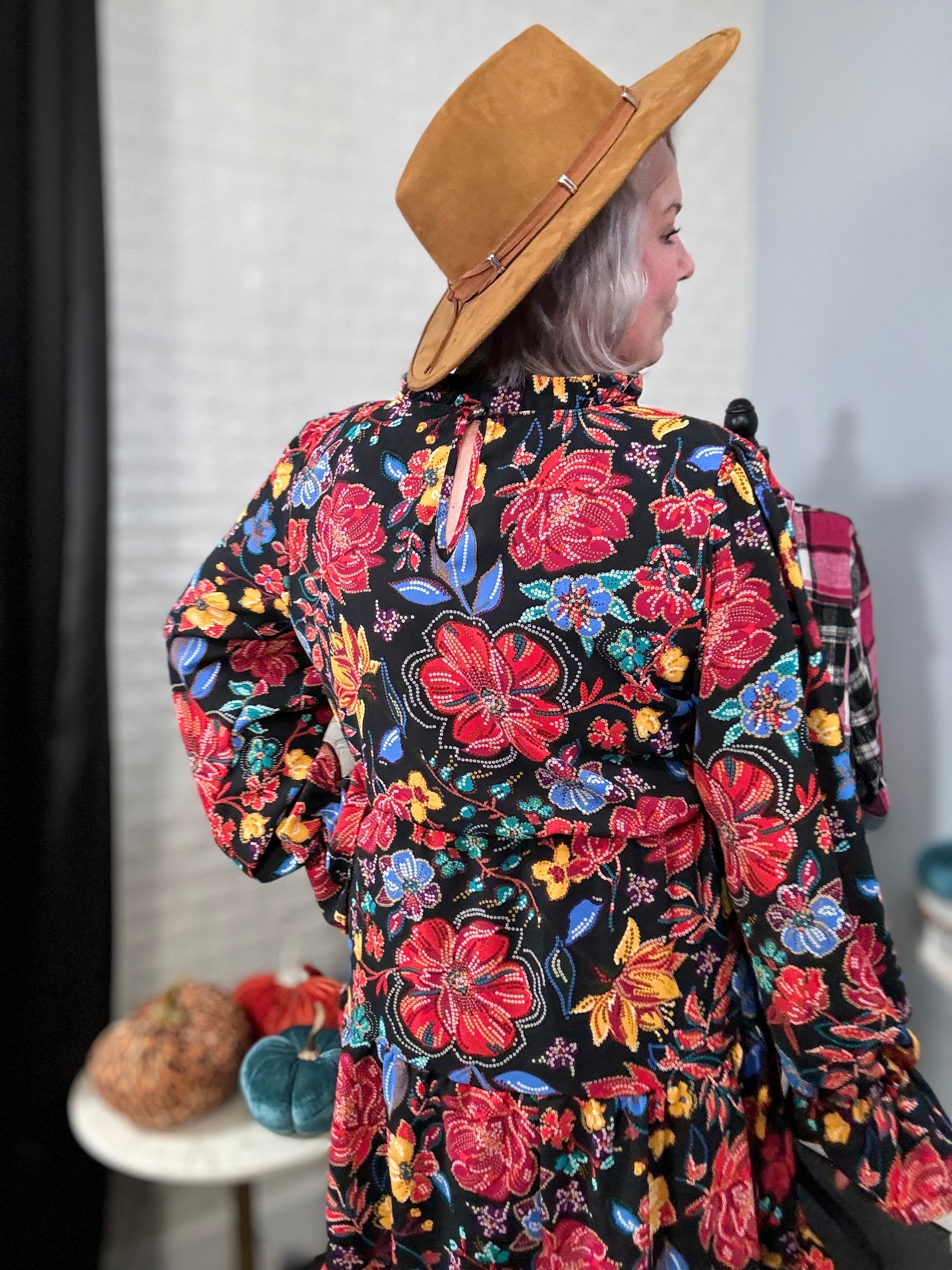 Haptics Lock Eyes Black Floral Sequin Print Ruffle Sleeve Frill Mock Neck Dress Dresses