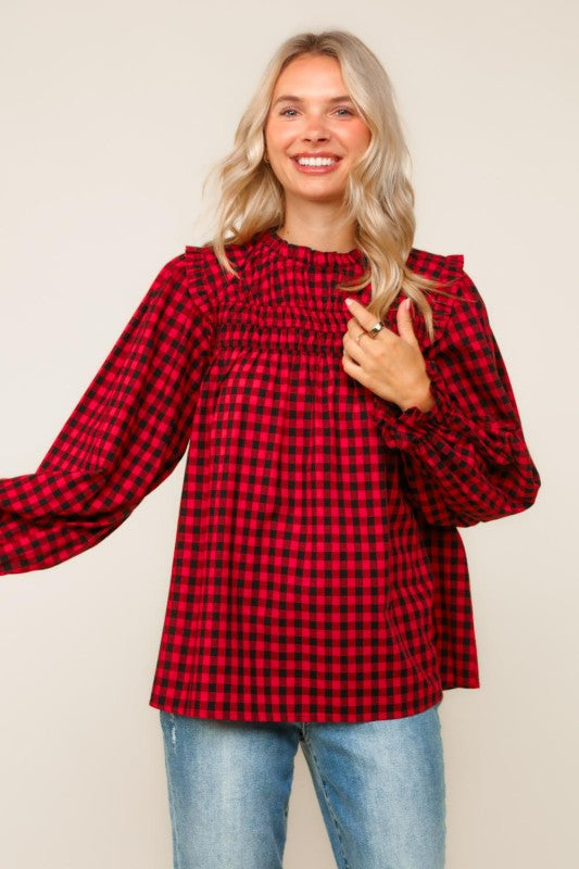 Haptics Red Frilled Mock Neck Gingham Check Woven Blouse
