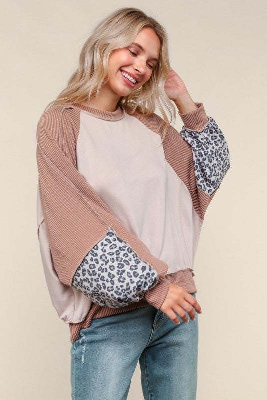 Haptics Taupe & Animal Print Oversized Dolman Colorblock Terry Top