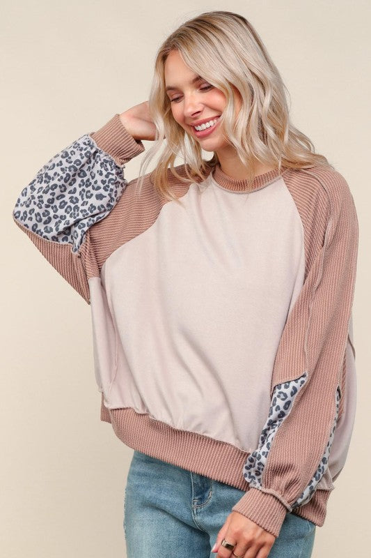 Haptics Taupe & Animal Print Oversized Dolman Colorblock Terry Top