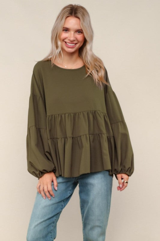 Haptics Olive Babydoll Oversized Tired Blouse