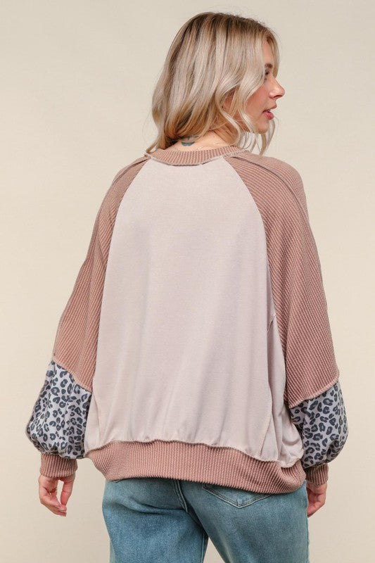 Haptics Taupe & Animal Print Oversized Dolman Colorblock Terry Top