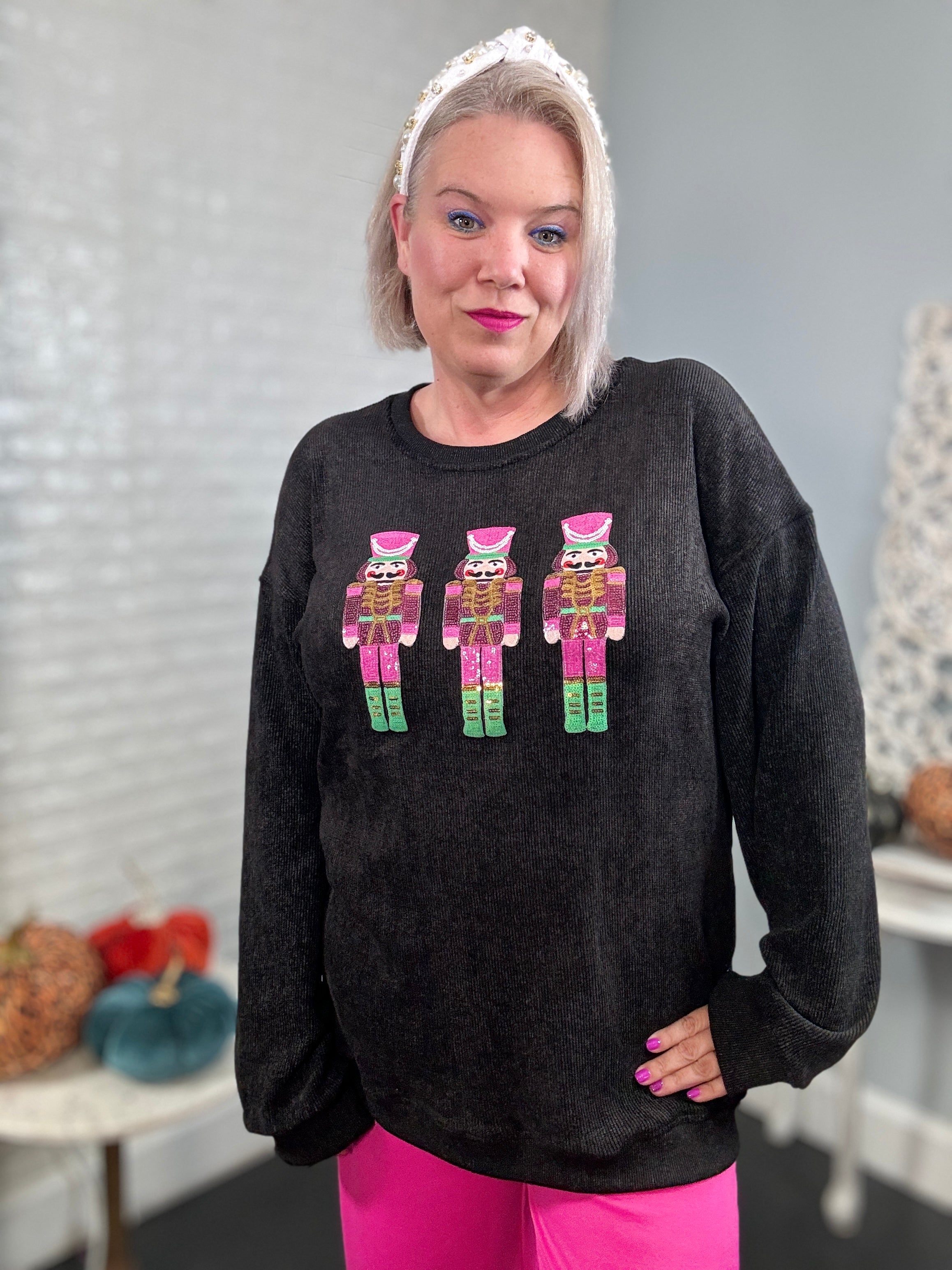 Ruby Idol Pink Sequin Nutcracker Ribbed Round Neck Long Sleeve Sweatshirt Black Shirts & Tops