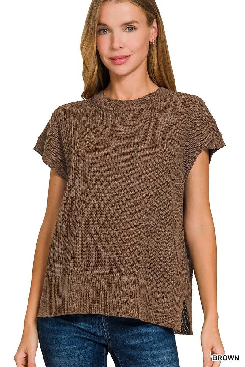 Zenana Brown Oversized Crew Neck Sweater