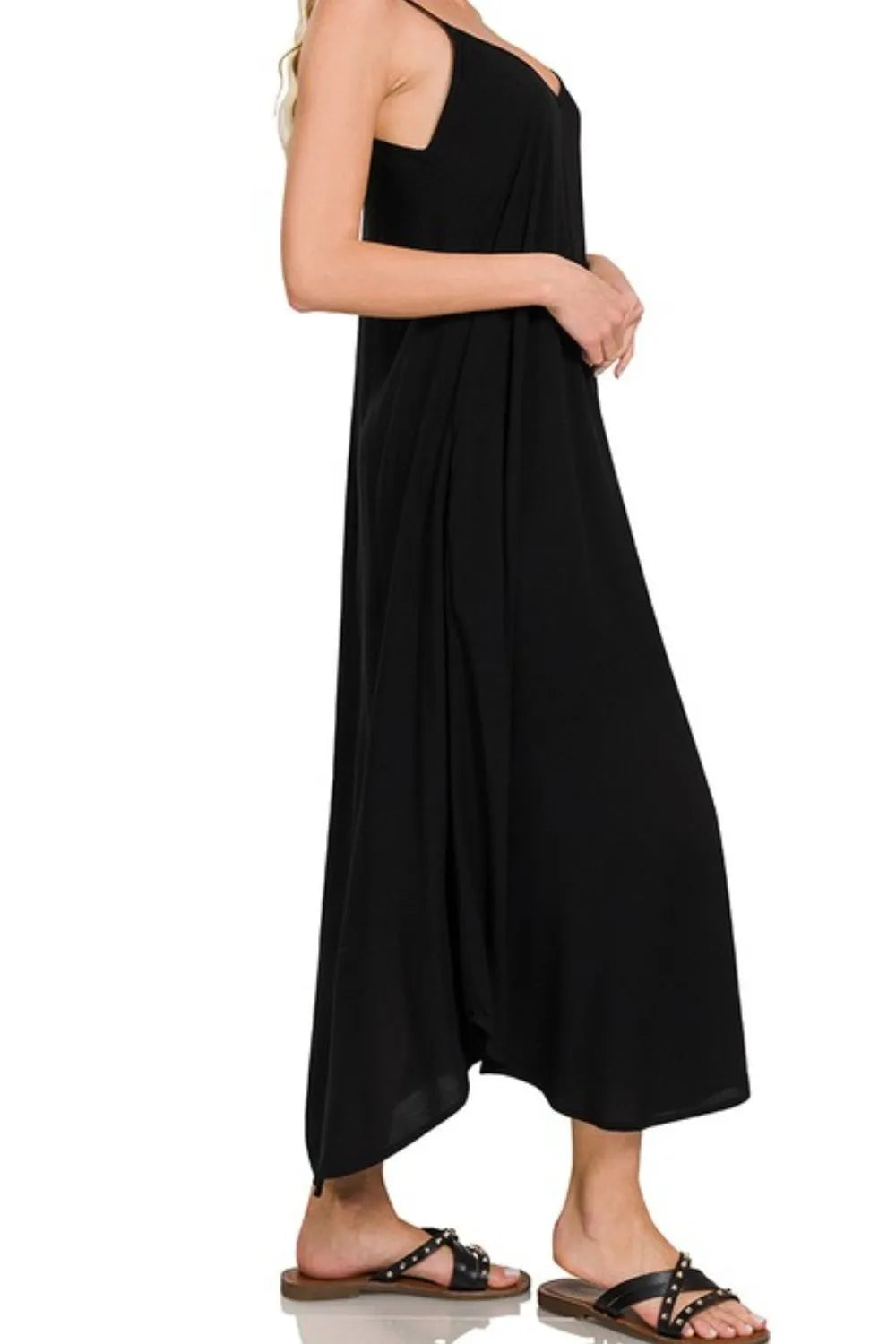 Zenana Black Woven Arc Hem Cami Dress With Flowy Pockets