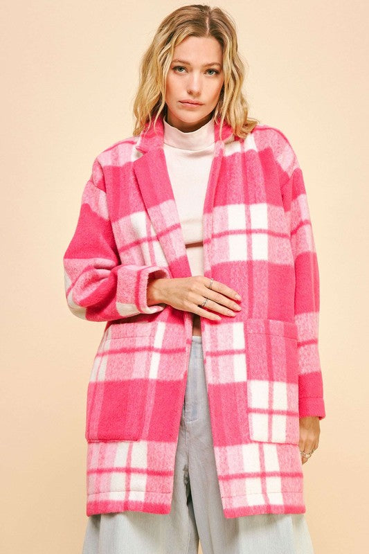 Davi & Dani Hot Pink Checker Plaid Open Front Drop Shoulder Longline Coat Coats & Jackets