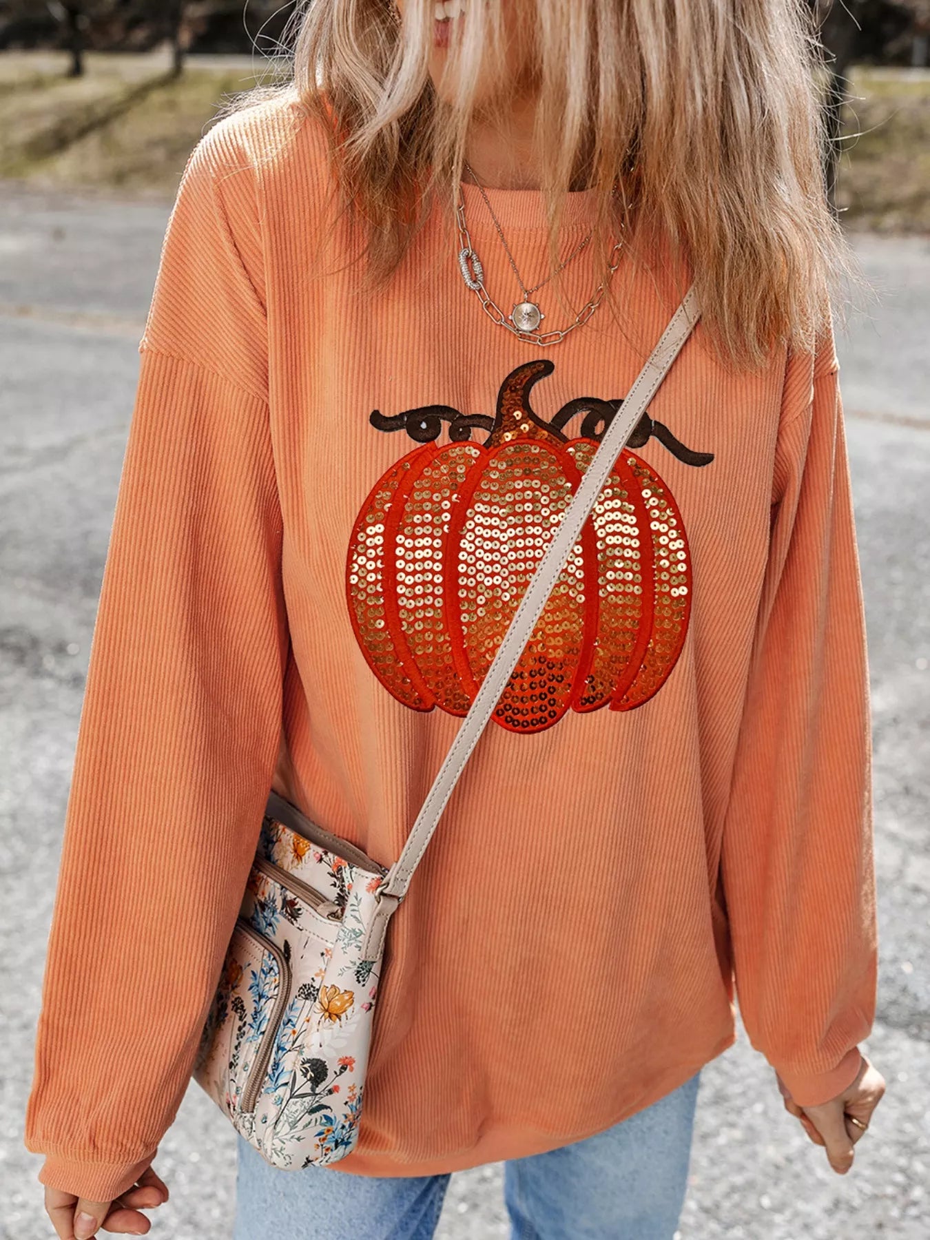 Preorder: Tangerine Halloween Sequined Pumpkin Ribbed Round Neck Sweatshirt