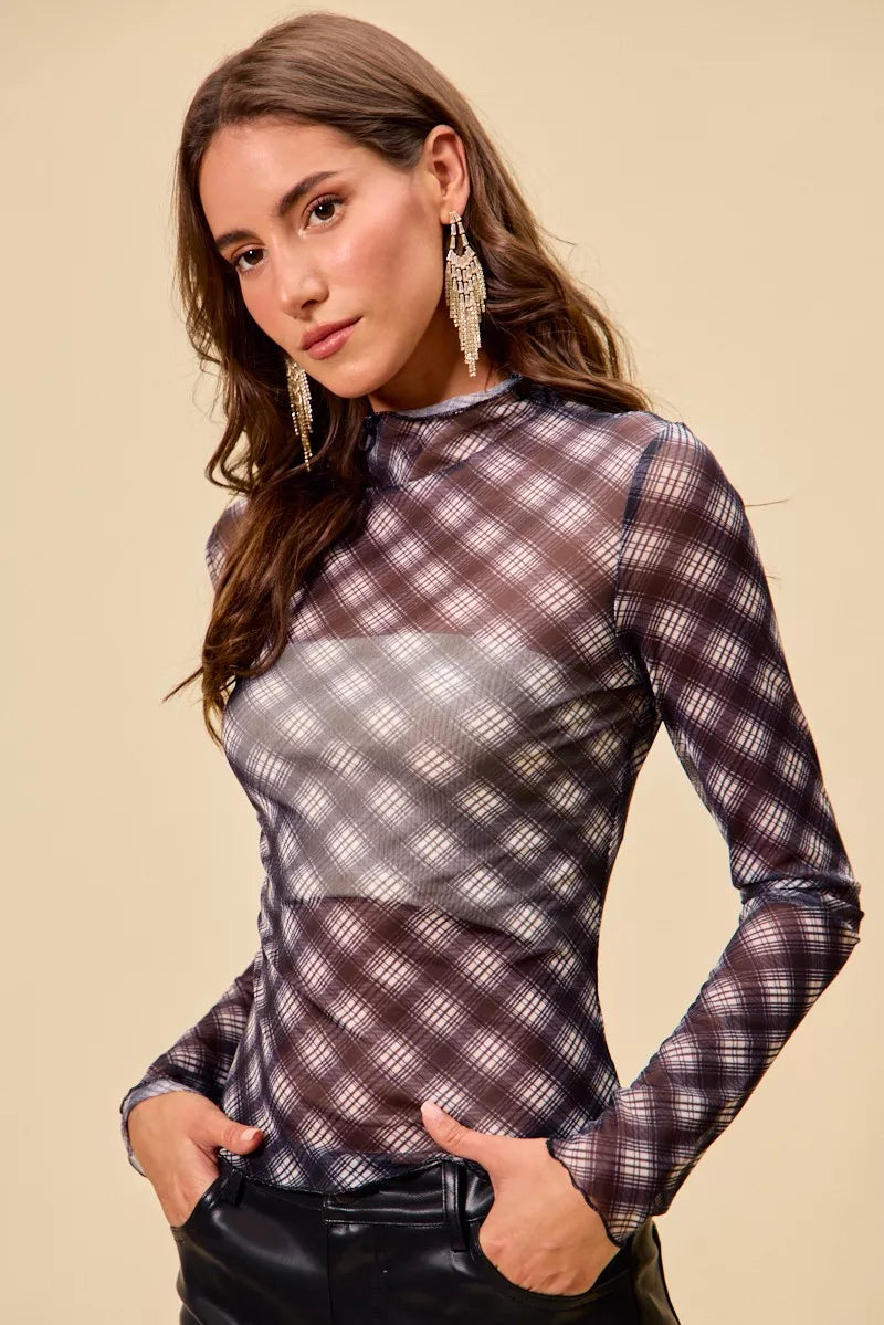 SO ME Plaid Mesh Knit Long Sleeve Top with Thumb Opening