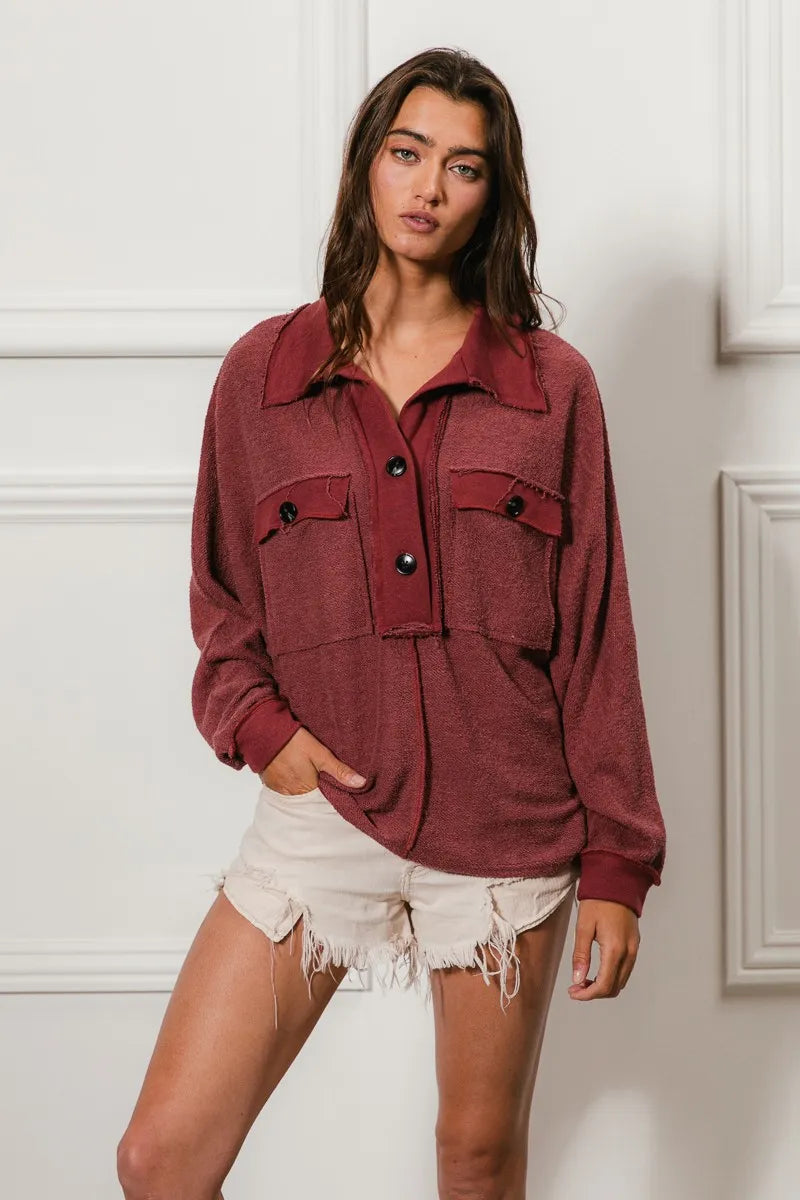 BiBi Marsala French Terry Cut Edge Detail Collared Long Sleeve Top