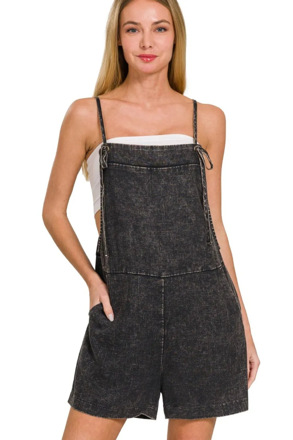 Zenana Ash Black Washed Linen Knot Strap Rompers ASH BLACK