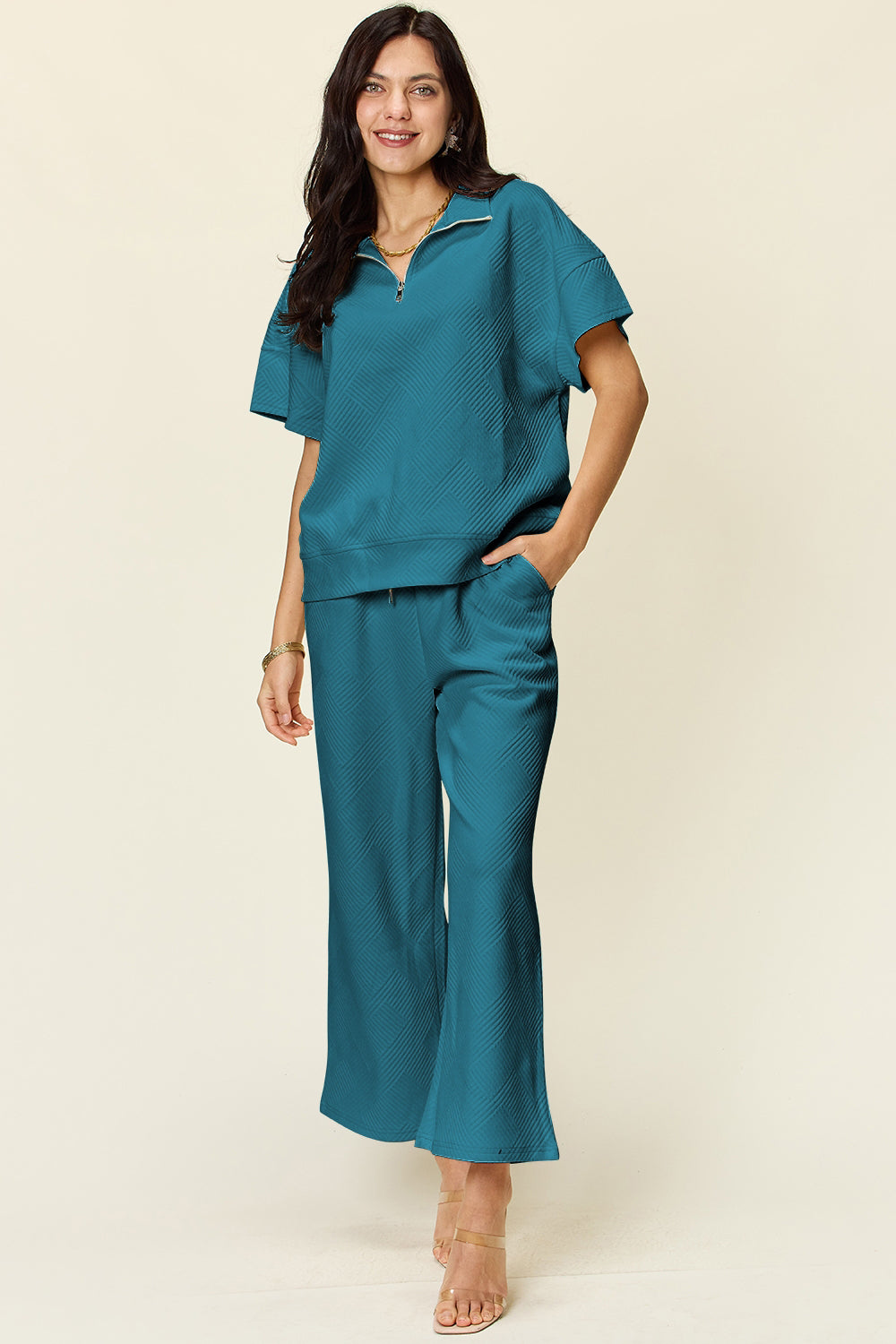 Double Take Quilted Textured Half Zip Short Sleeve Top and Pants Set Teal Outfits