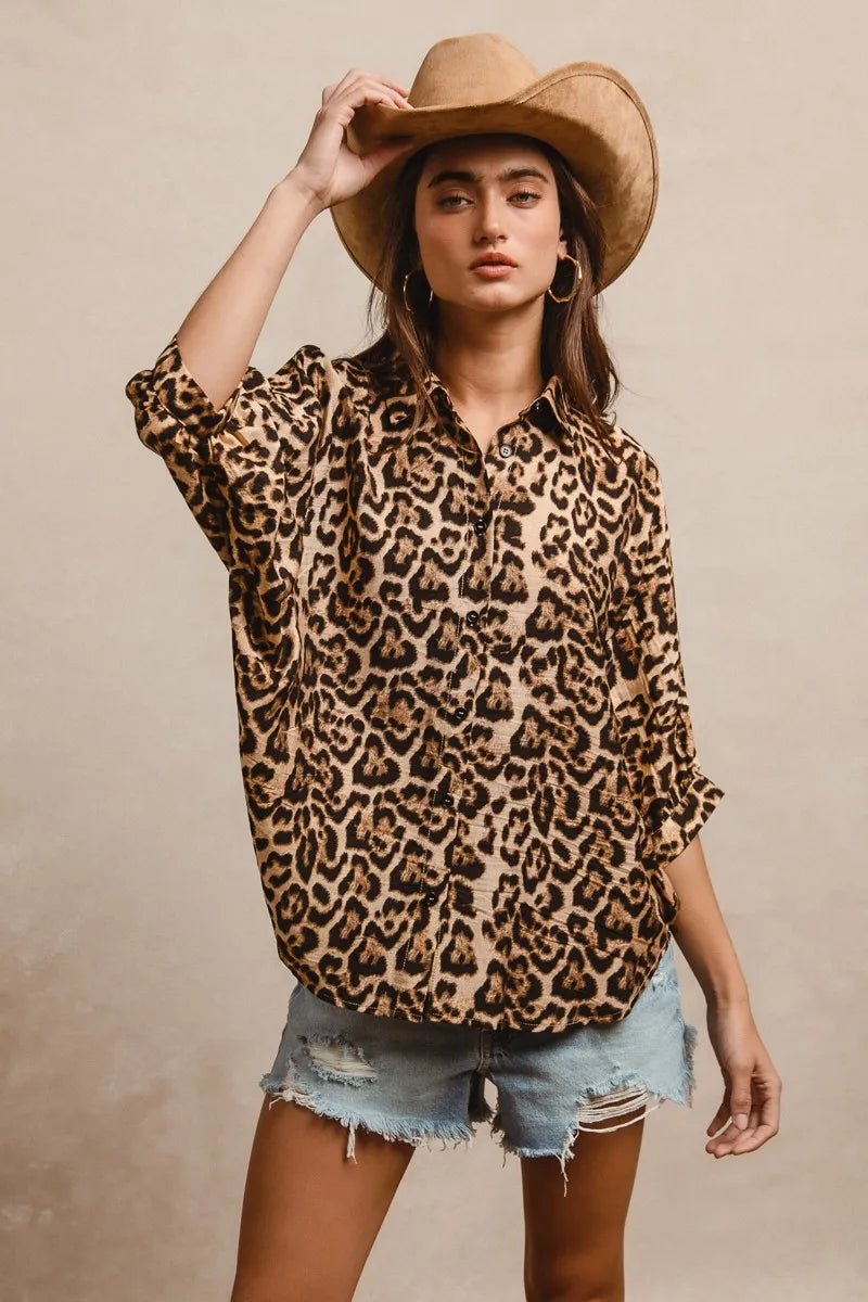 BiBi Leopard Print Button Up Oversized Short Sleeve Top