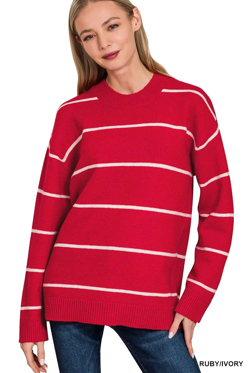Zenana Ruby & Ivory Round Neck Stripe Sweater RUBY IVORY