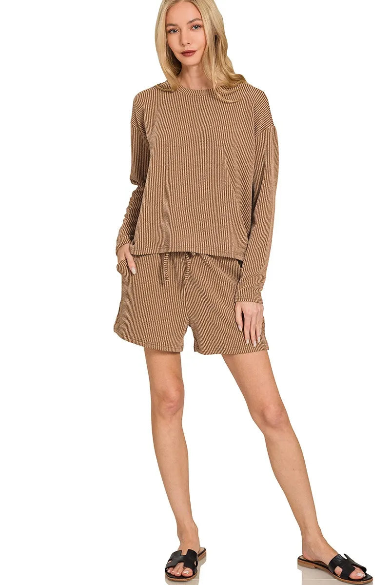 Zenana Deep Camel Raised Corded Rib Long Sleeve Tee and Shorts Set