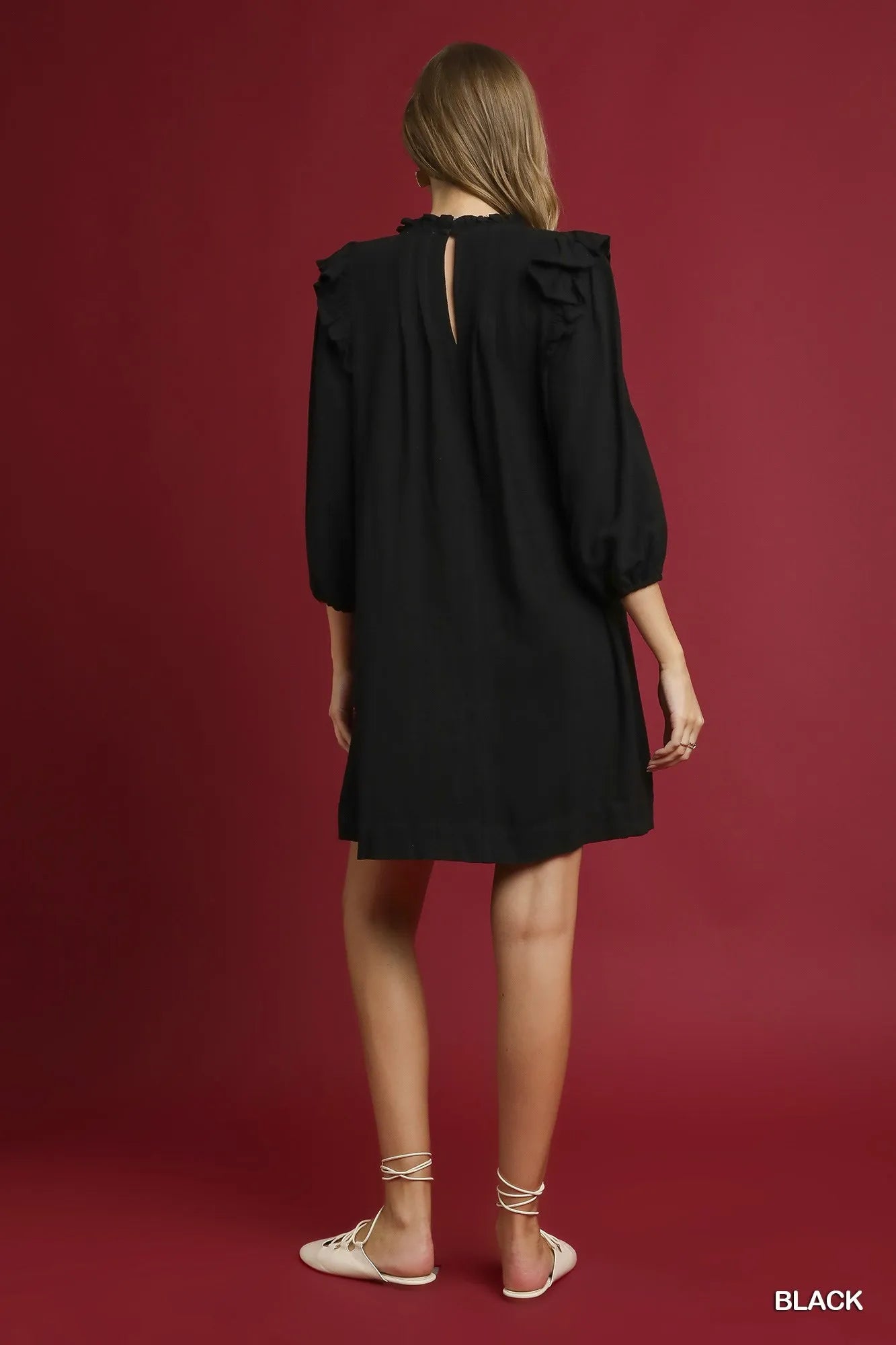 Umgee Black Linen Ruffle Shoulder Pleated Babydoll Dress