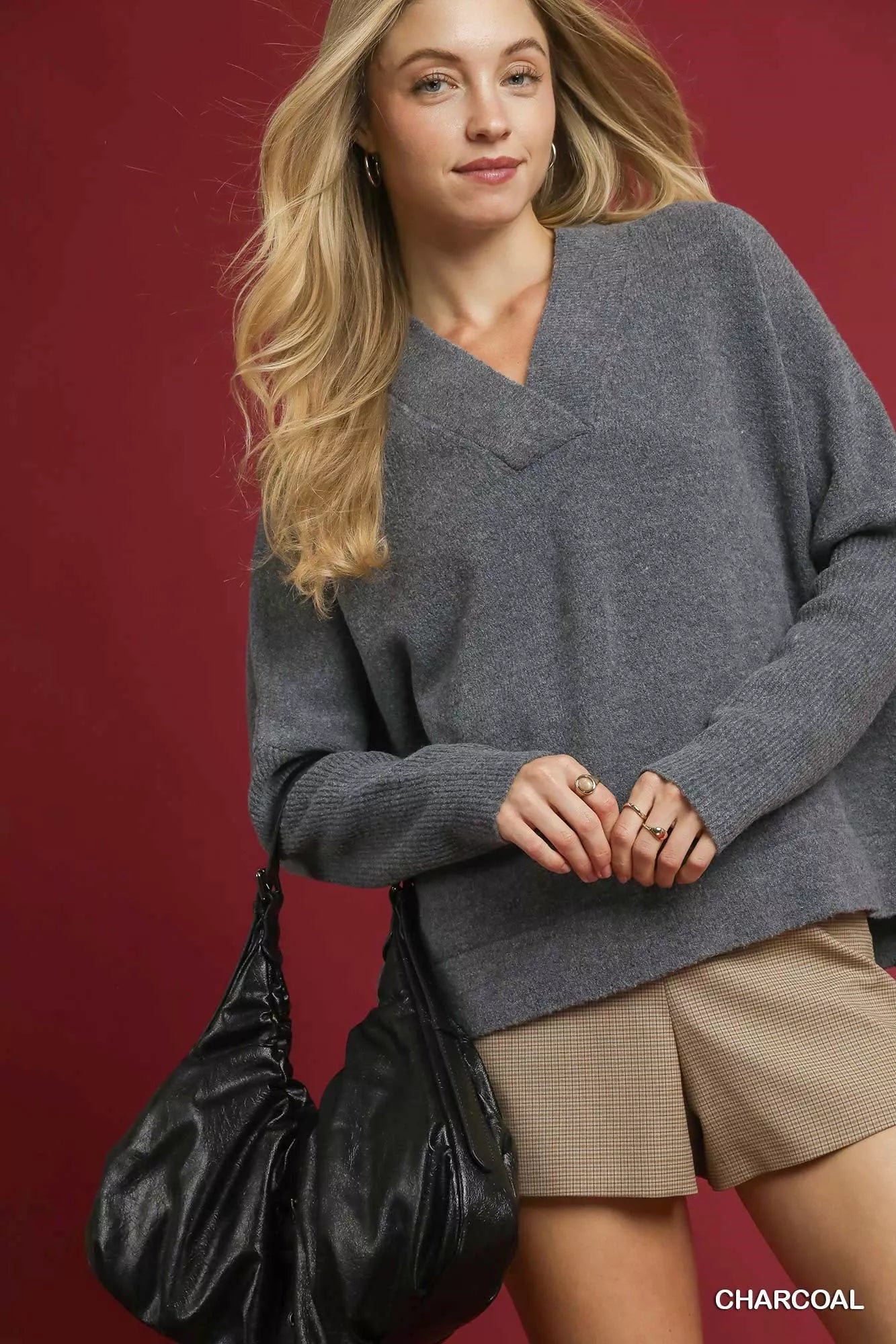 Umgee Charcoal V-Neck Sweater with Wide Trim Detail CHARCOAL