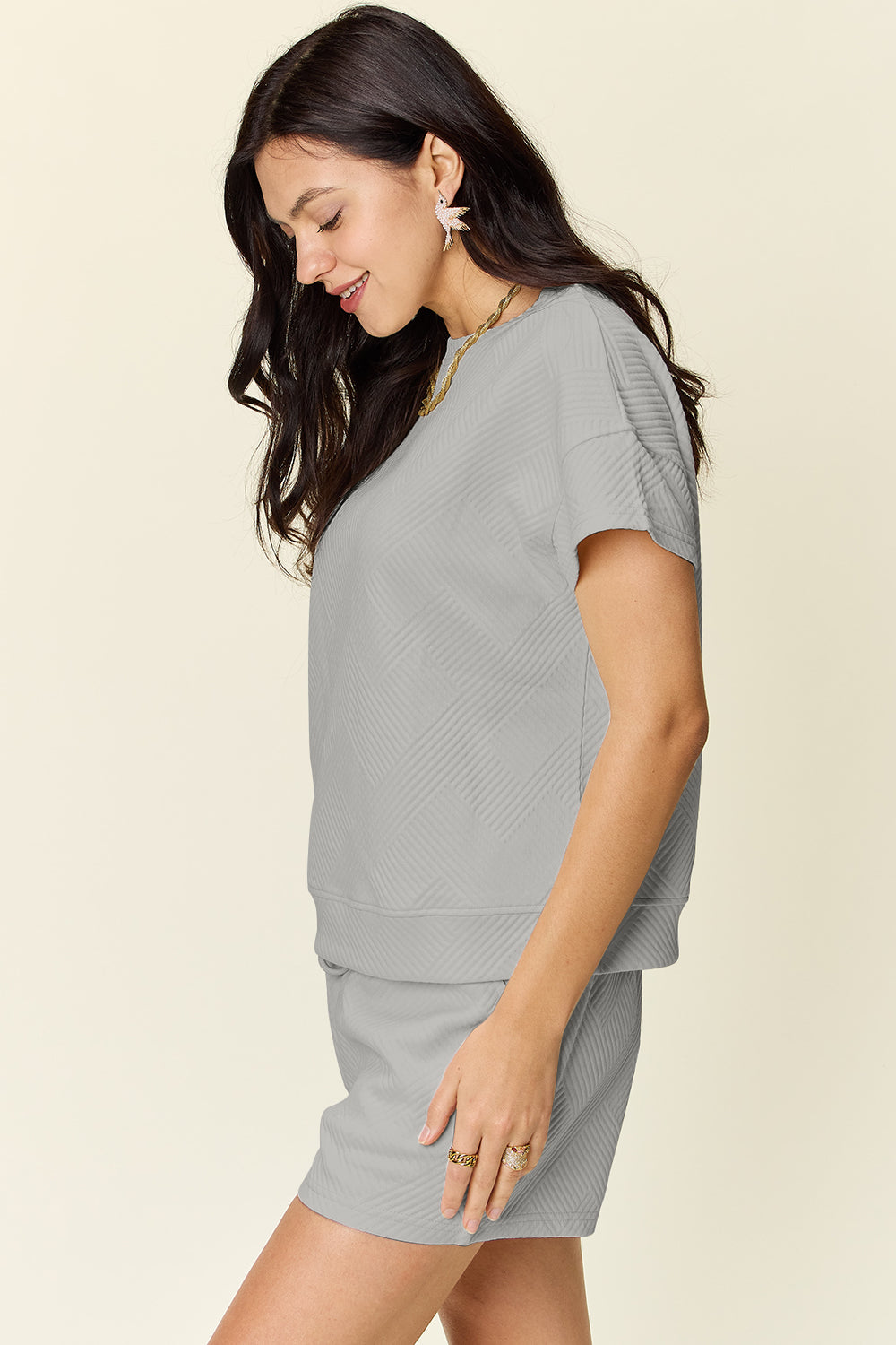 11 Colors- Double Take Quilted Textured Short Sleeve T-Shirt and Drawstring Shorts Set Loungewear