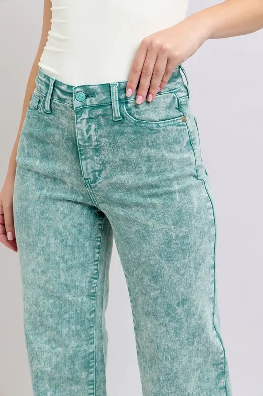 Judy Blue Sea Green High Waist Garment Dyed Raw Hem Dad Jeans