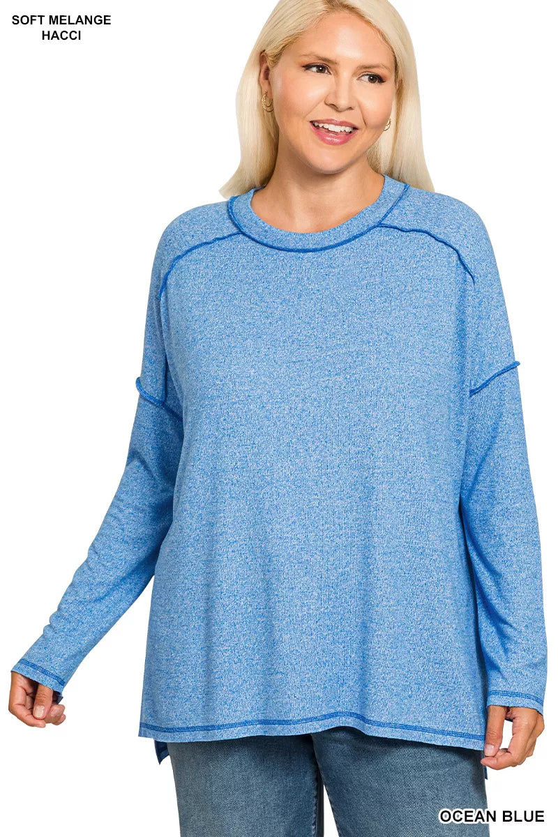 Zenana Ocean Blue Melange Hacci Exposed Seam Hi-low Top