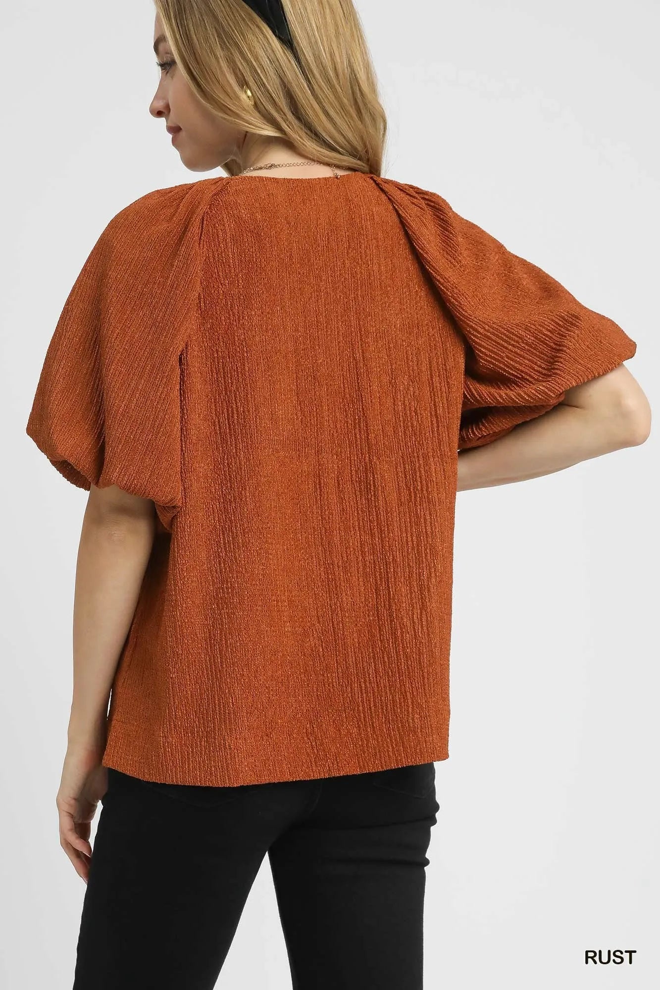 Umgee Rust Textured Flutter Sleeve Notch Neck Top