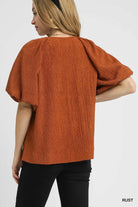 Umgee Rust Textured Flutter Sleeve Notch Neck Top