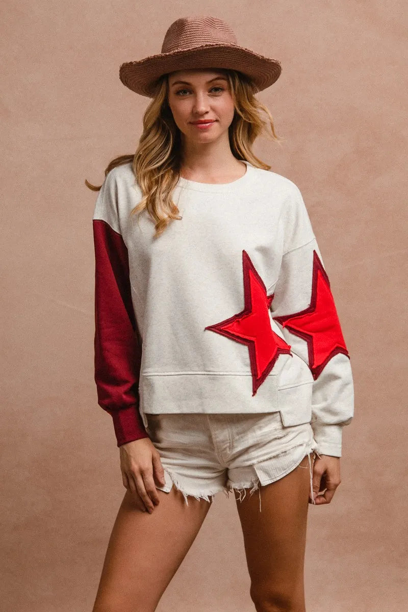 BiBi Star Patch And Spliced Hemline French Terry Long Sleeve Sweatshirt