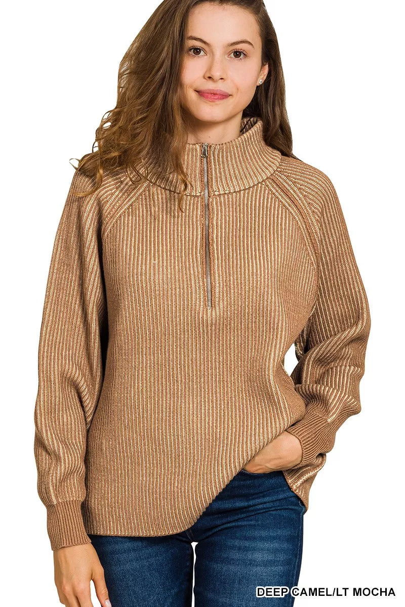 Zenana Ribbed Two-Tone Half Zip Sweater — Deep Camel/Light Mocha