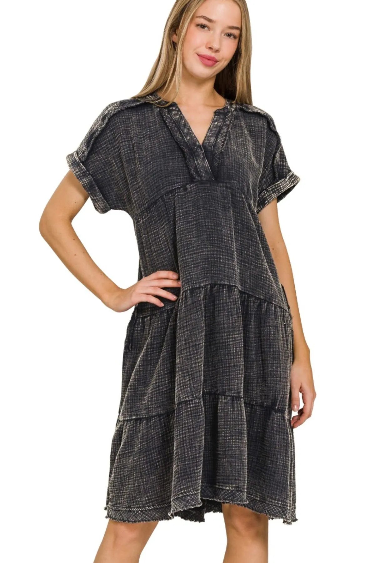 Zenana Ash Black Washed Double Gauze Raw Edge V-neck Dress ASH BLACK
