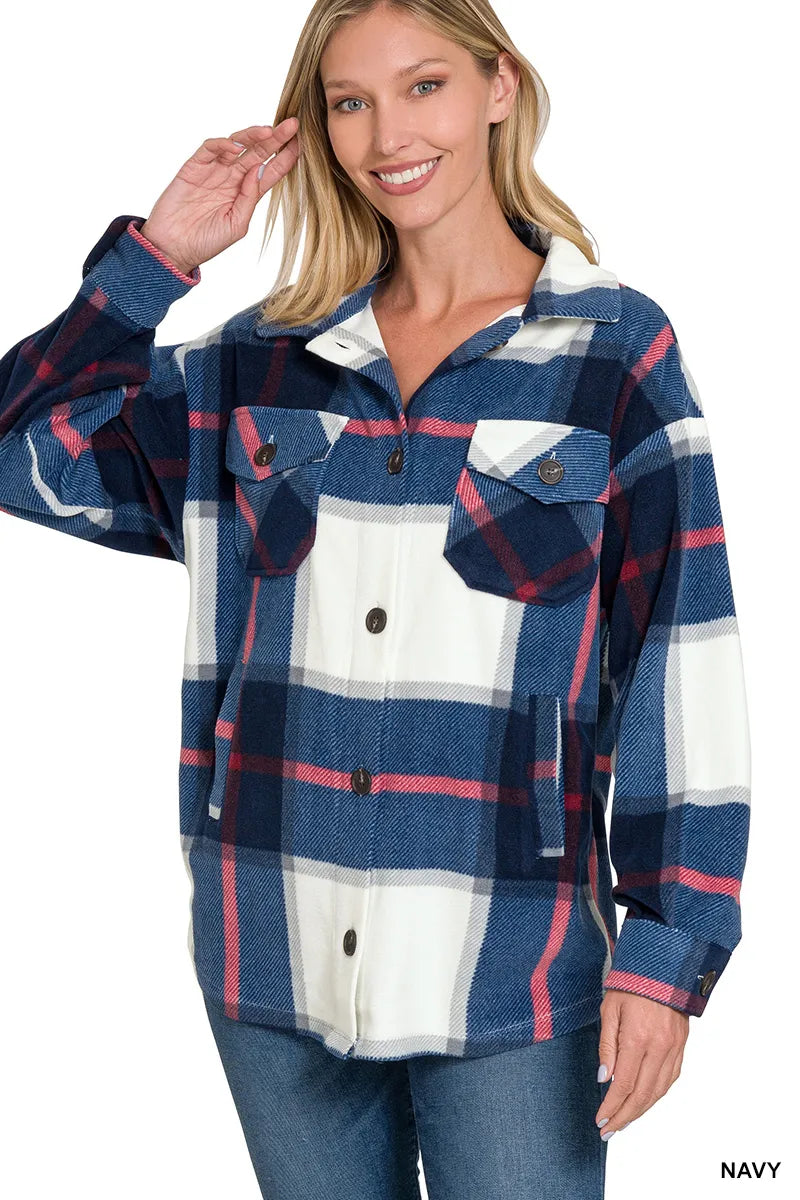 Zenana Navy Oversized Plaid Fleece Shacket NAVY