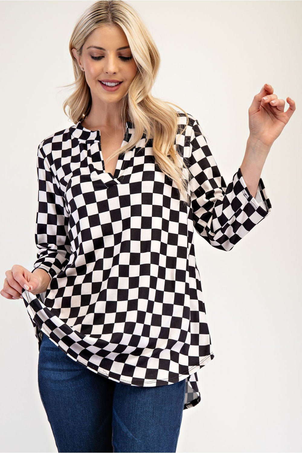 Celeste Curved Hem Checkered Notched Blouse Shirts & Tops