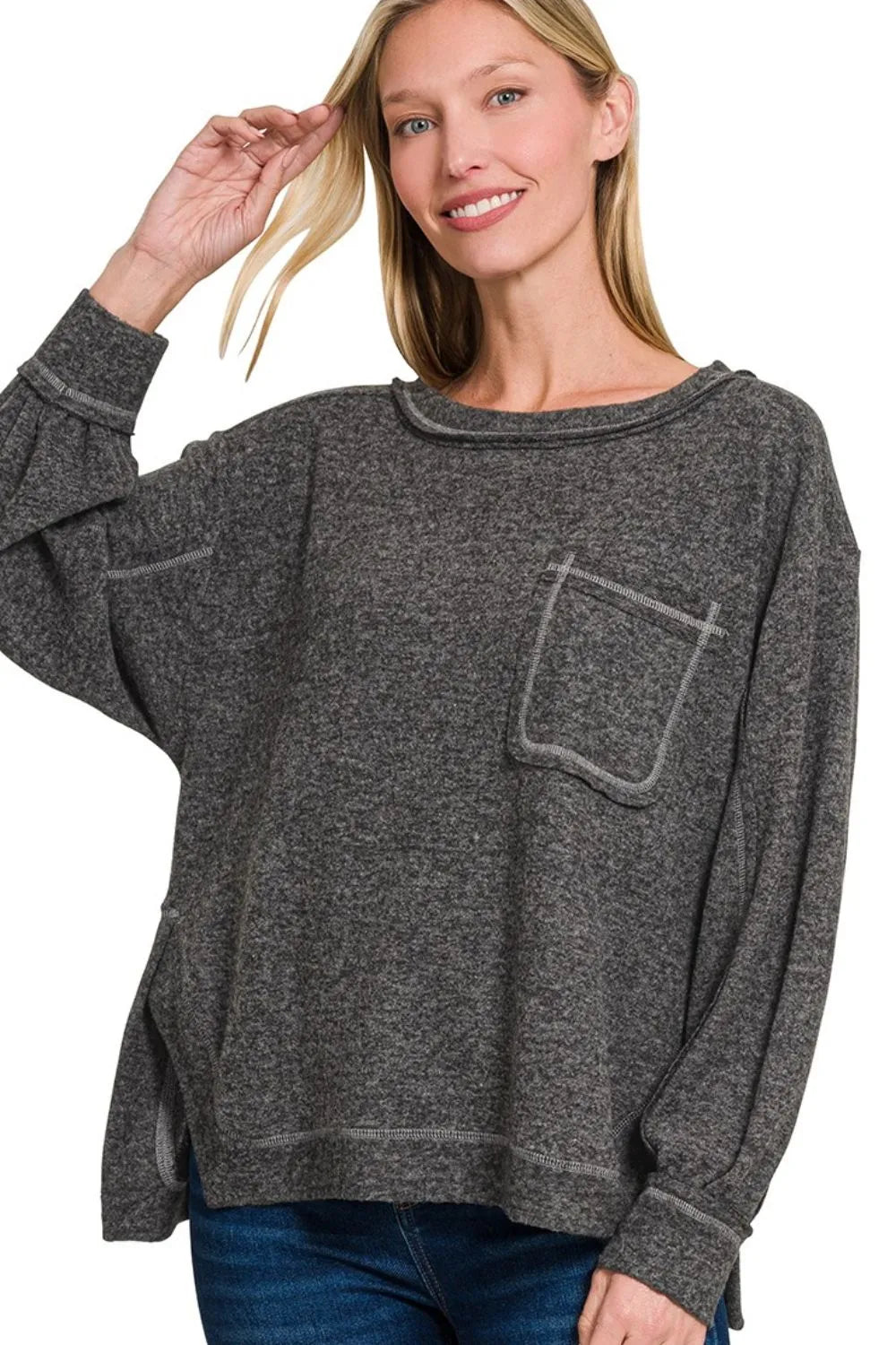 Zenana Black Brushed Hacci Hi-low Round Neck Knit Top