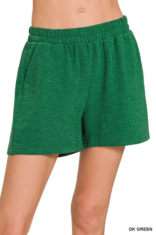 Zenana Dark Green Cotton Slub Shorts