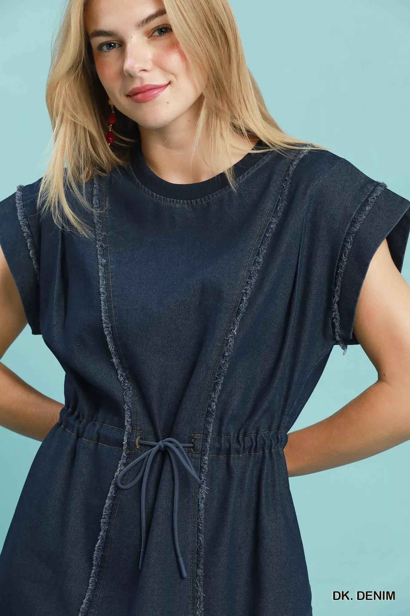 Umgee Dark Denim Drawstring Waist Frayed Denim Mini Dress
