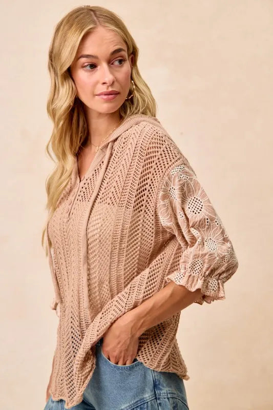 BiBi Taupe Jacquard Flower Puff Sleeve Hooded Knit Top