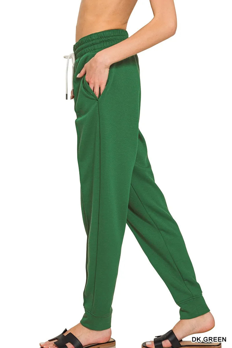 Zenana Dark Green Drawstring Scuba Jogger Sweatpants with Pockets