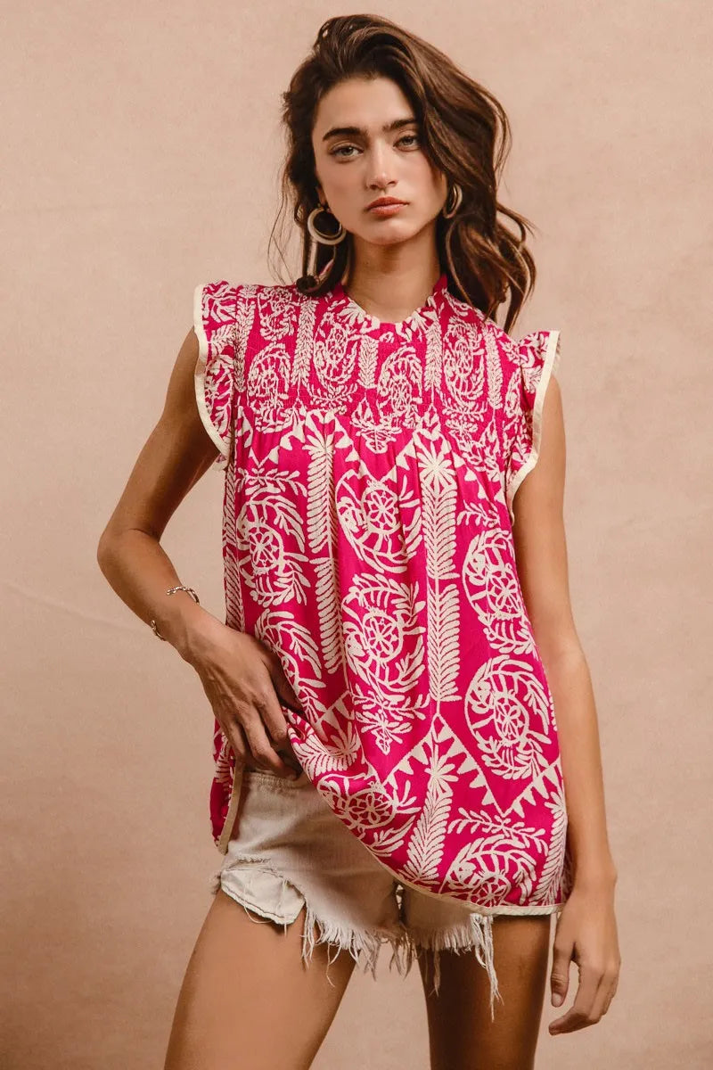 BiBi Ft Color Block Clover Cut Out Puff Sleeves Top main image 0