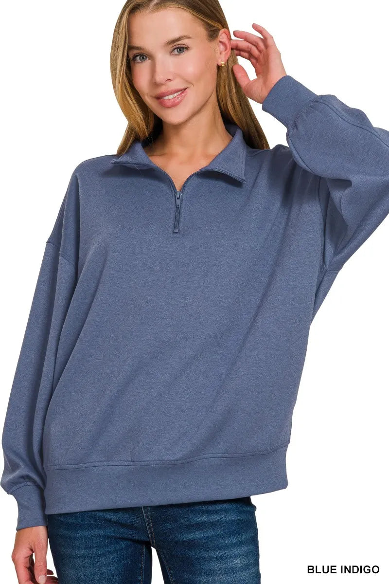 Zenana Blue Indigo Scuba Quarter-Zip Long Sleeve Sweatshirt