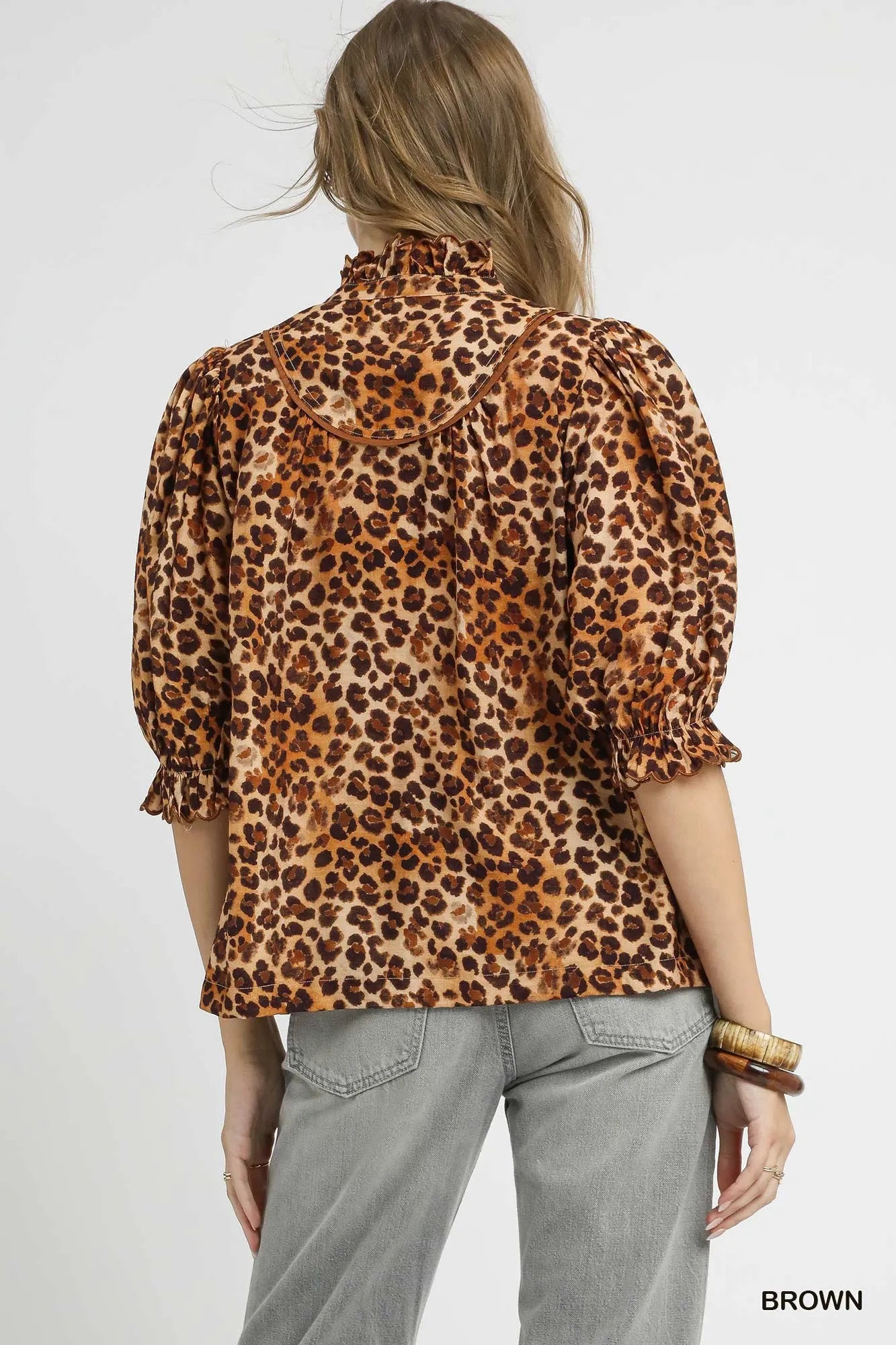 Umgee Brown Leopard Print Ruffle Neck Blouse
