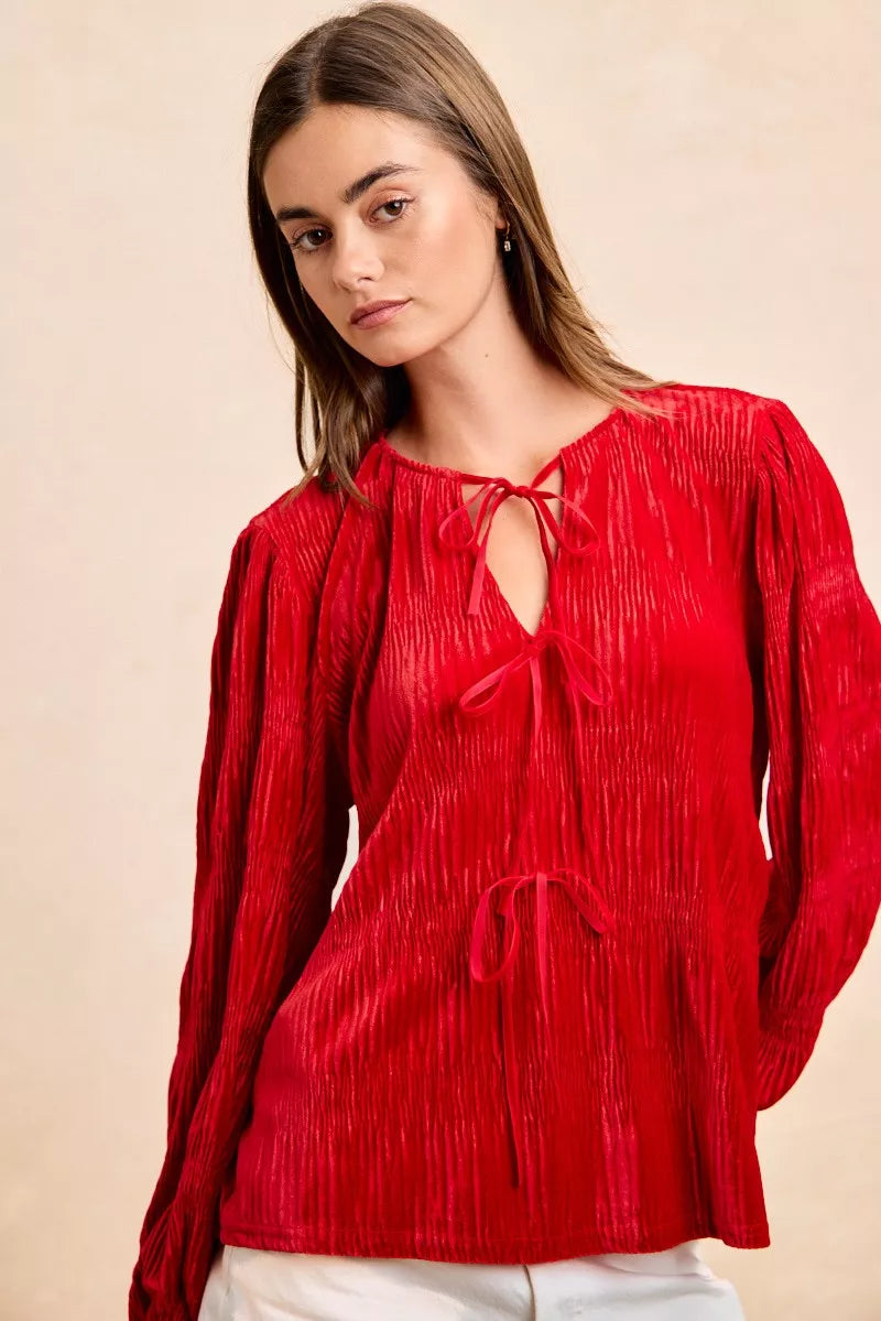 BiBi Red Christmas Theme Velvet Bow Tied Top With Neck Drop