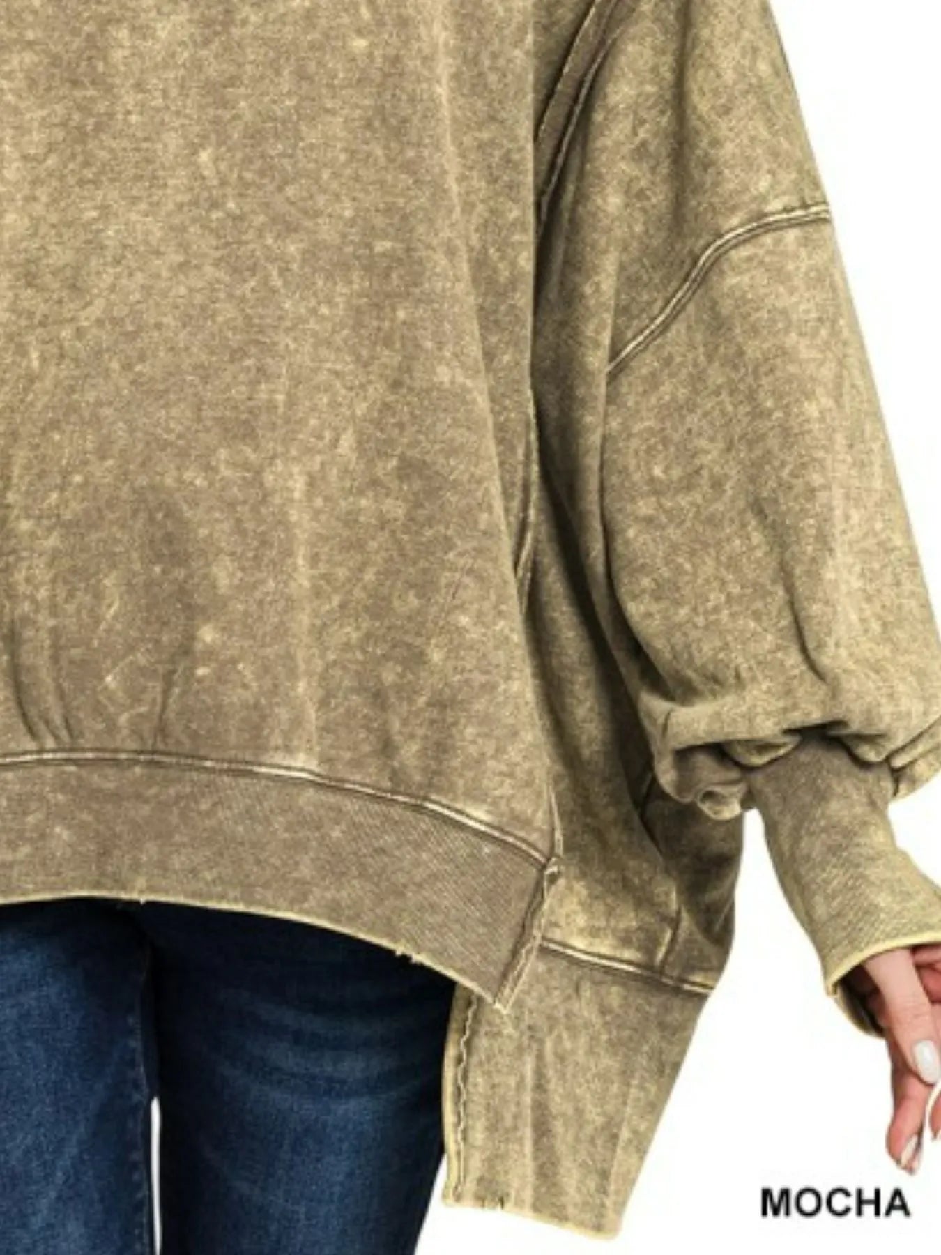Zenana Mocha Acid Wash Exposed-Seam High Low Sweatshirt