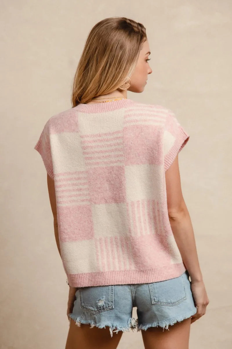 BiBi Blush & Ivory Checker With Stripes Pattern Sleeveless Sweater