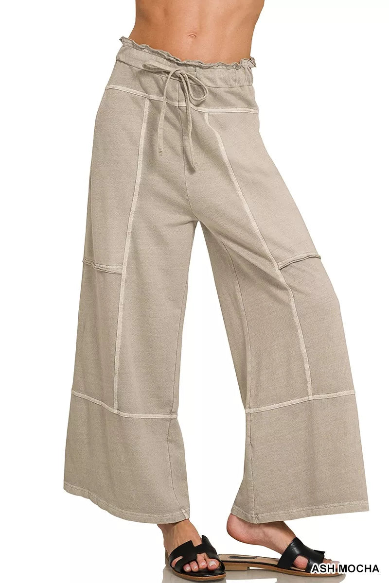 Zenana Ash Mocha French Terry Washed Exposed-seam Wide Leg Pants