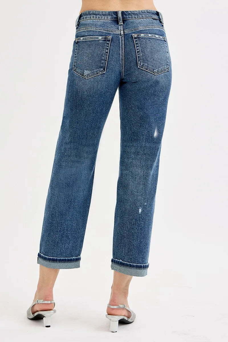 RISEN Dark Washed Low Rise Crop Boyfriend Jeans